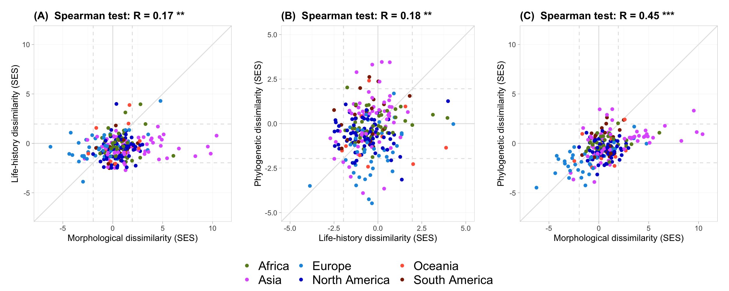 Correlation between standardized effect sizes between morphological, life-history, and phylogenetic dissimilarity.